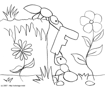 dessin à colorier fourmi trainant un char